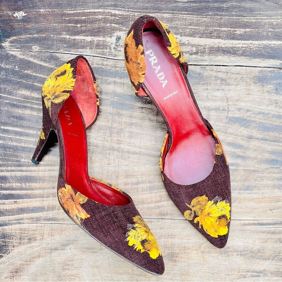 Prada Floral Brown Yellow D’Orsay Pumps - Picture 1 of 11